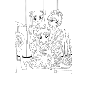Sakura, Tomoyo e Kero na janela para colorir