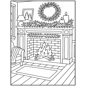 Sala de Natal com lareira, guirlanda e velas para colorir