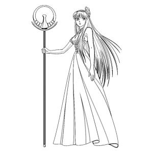 Saori Kido como a deusa Atena segurando o cetro para colorir