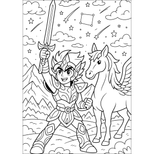 Seiya com espada e o cavalo Pégaso sob as estrelas para colorir