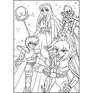 Seiya e os Cavaleiros de Bronze reunidos com Atena para colorir