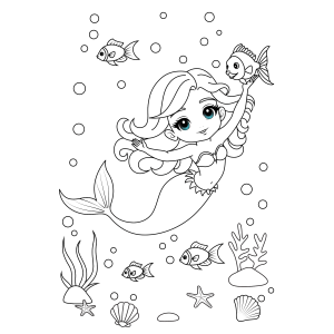 Sereia acenando no recife de corais para colorir