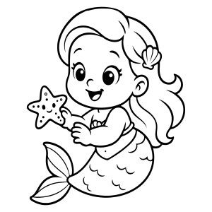 Sereia bebê com estrela-do-mar para colorir
