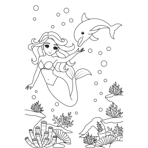 Sereia brincando com golfinho para colorir