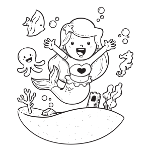 Sereia com polvo e peixes no barco afundado para colorir