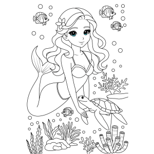 Sereia de cabelos longos sentada na areia para colorir