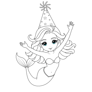 Sereia de chapéu de festa comemorando para colorir