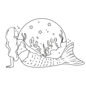 Sereia deitada sorrindo no fundo do mar para colorir