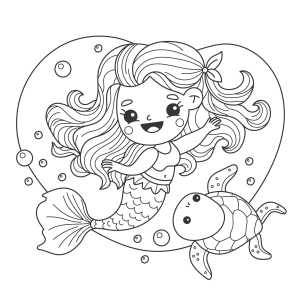 Sereia e peixinho dentro de um coração para colorir