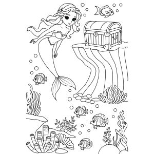 Sereia encontrando o baú do tesouro para colorir