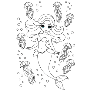Sereia entre as águas-vivas para colorir