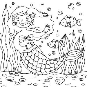 Sereia fazendo carinho num peixe para colorir