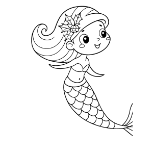 Sereia fofinha de cabelo com flor para colorir