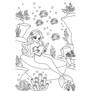 Sereia mergulhando com os peixinhos para colorir