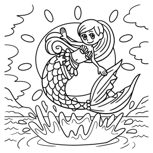 Sereia na pedra com algas e ondas para colorir