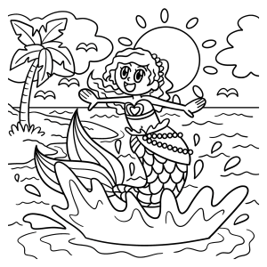 Sereia na praia com palmeira ao pôr do sol para colorir