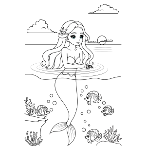 Sereia na superfície do mar ao pôr do sol para colorir