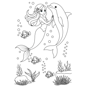 Sereia nadando ao lado do golfinho para colorir