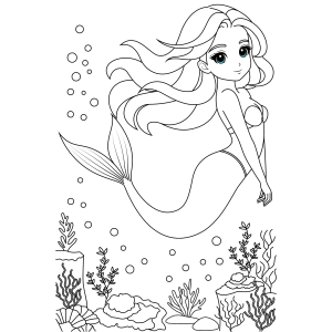 Sereia nadando entre as bolhas para colorir