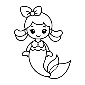 Sereia pequena com laço no cabelo para colorir