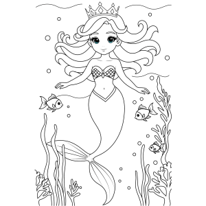 Sereia princesa com coroa e peixinhos para colorir
