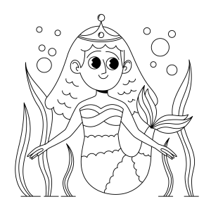 Sereia rainha com tiara entre as algas para colorir