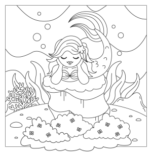 Sereia sentada na pedra com conchas para colorir