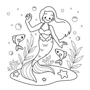 Sereia sentada no coral com peixes para colorir