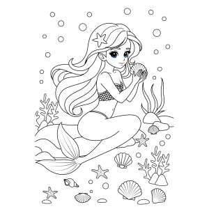 Sereia sonhadora entre as estrelas-do-mar para colorir