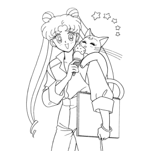 Serena abraçando a gatinha Luna para colorir