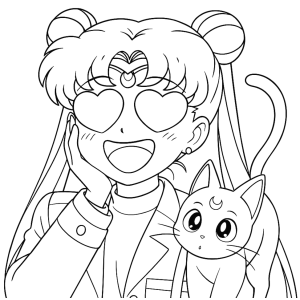 Serena de óculos de coração com o gato Artemis para colorir