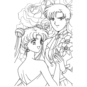 Serena e Mamoru com rosas para colorir