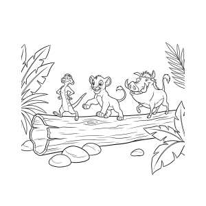 Simba, Timão e Pumba no tronco para colorir