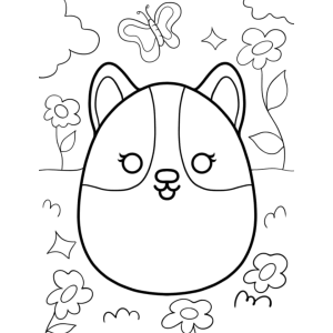 Squishmallow cachorrinho corgi com flores para colorir