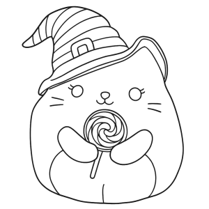 Squishmallow gatinho com chapéu de bruxa para colorir