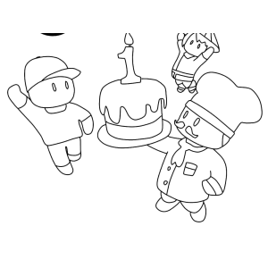Stumble Guys na festa de aniversário com bolo para colorir