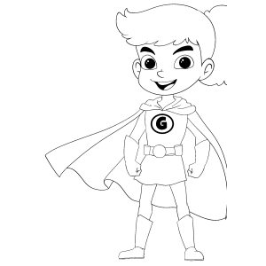 Super-herói mirim com emblema no peito e capa para colorir