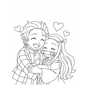 Tanjiro abraçando a irmã Nezuko para colorir