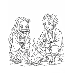 Tanjiro e Nezuko ao redor da fogueira para colorir