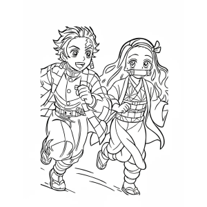 Tanjiro e Nezuko correndo juntos para colorir