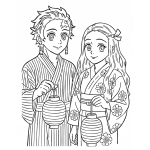 Tanjiro e Nezuko de quimono com lanterna para colorir