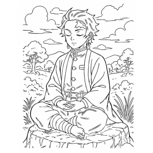 Tanjiro meditando no campo para colorir