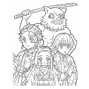 Tanjiro, Zenitsu, Inosuke e Nezuko reunidos para colorir