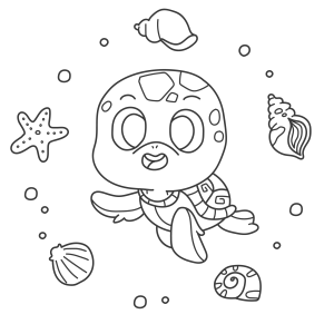 Tartaruga-marinha com conchas e estrela-do-mar para colorir