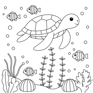 Tartaruga-marinha nadando com peixinhos para colorir