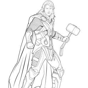 Thor andando com o martelo ao lado do corpo para colorir
