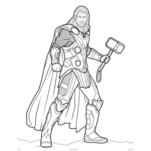 Thor de armadura com o martelo apoiado no ombro para colorir