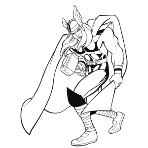 Thor de capa esvoaçante erguendo o martelo para colorir