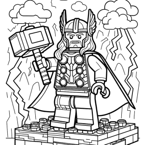 Thor de Lego com martelo e raios para colorir