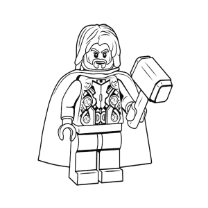 Thor de Lego sorrindo com o martelo para colorir